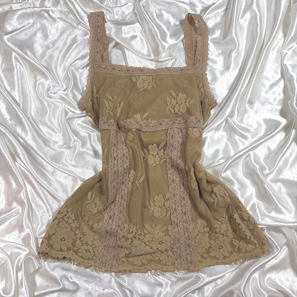 y2k Camisole Tan Excellent Apt. 9 Floral Lace Empire Waist Fringe Tank Top M